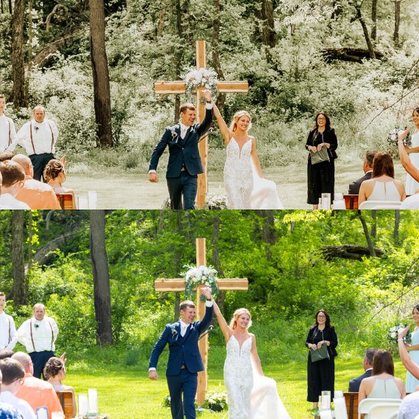showing the difference between a filtered photo versus personalized editing of bride and groom