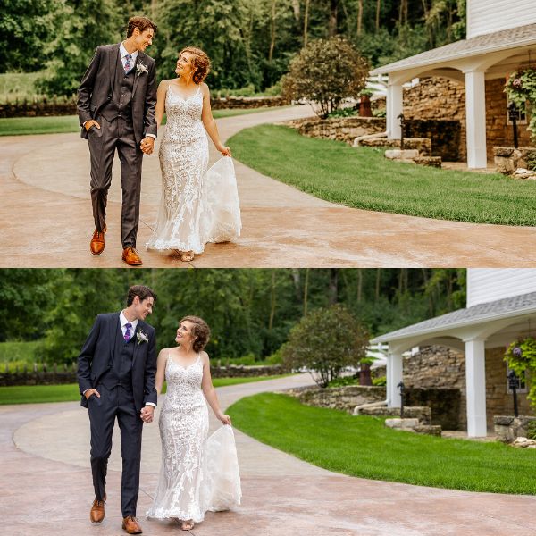showing the difference between a filtered photo versus personalized editing of bride and groom